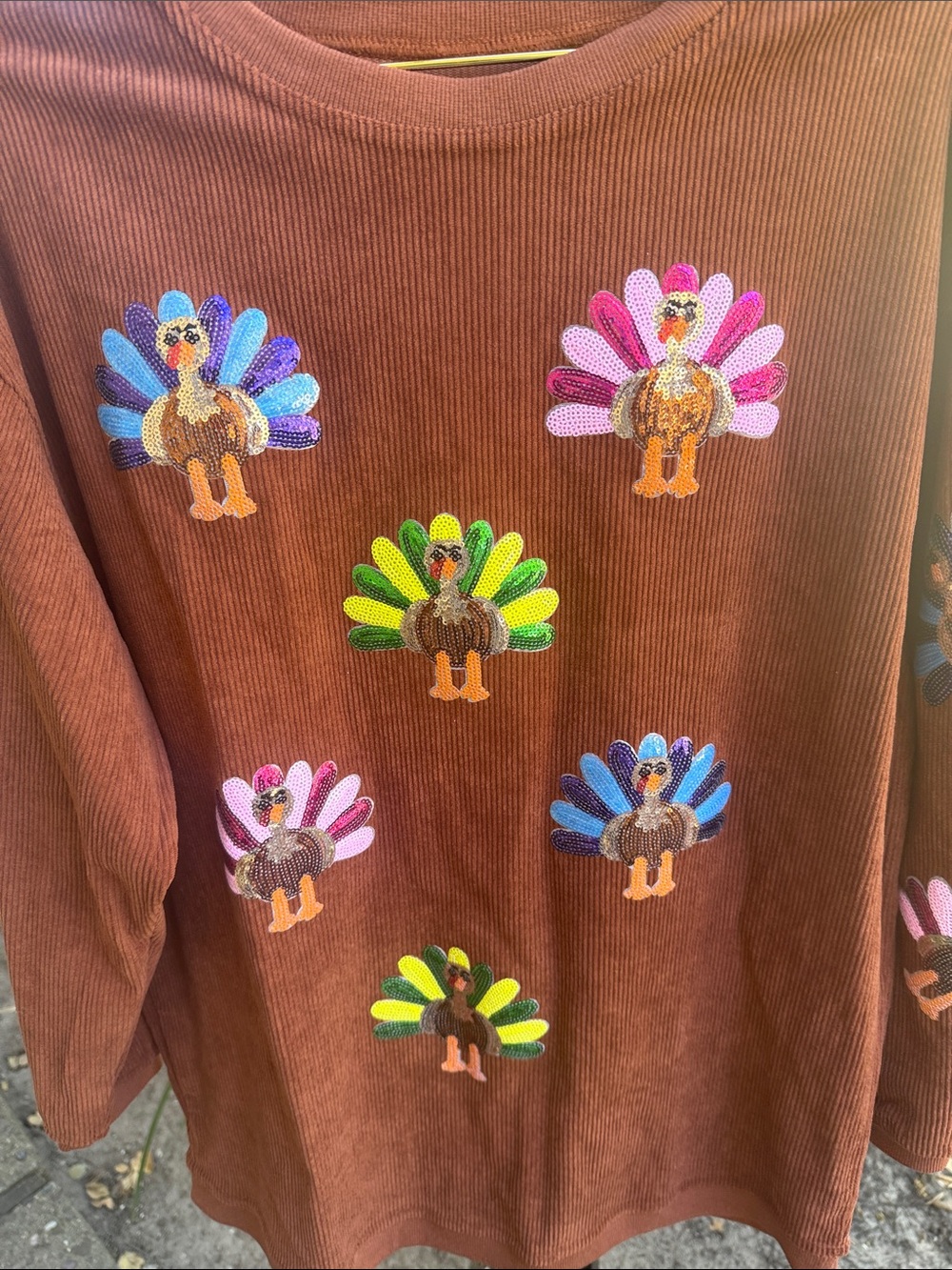 Source Unknown Brown Corduroy Crewneck Sweater with Multicolor Sequin Turkeys